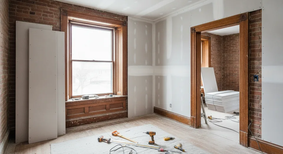 New drywall being fitted against original wood trim in a brick century home in Galt, Cambridge, Ontario